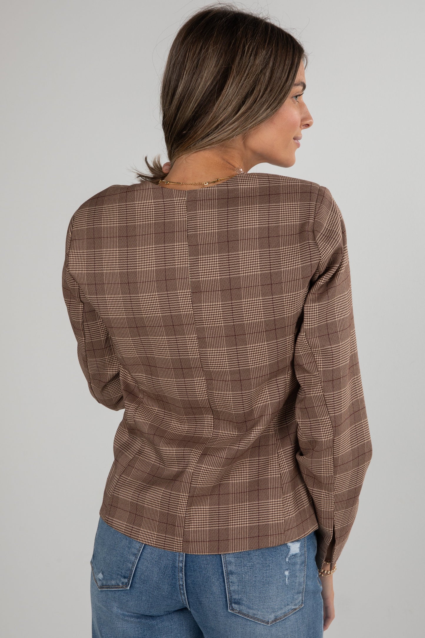 Catch Me Later Brown Plaid Blazer Top