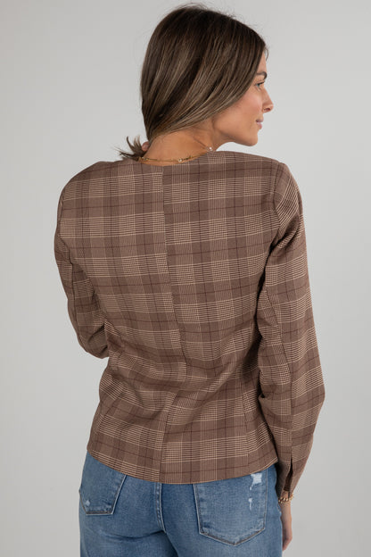 Catch Me Later Brown Plaid Blazer Top