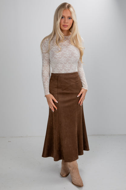 Perfectly Classy Brown Suede Maxi Skirt