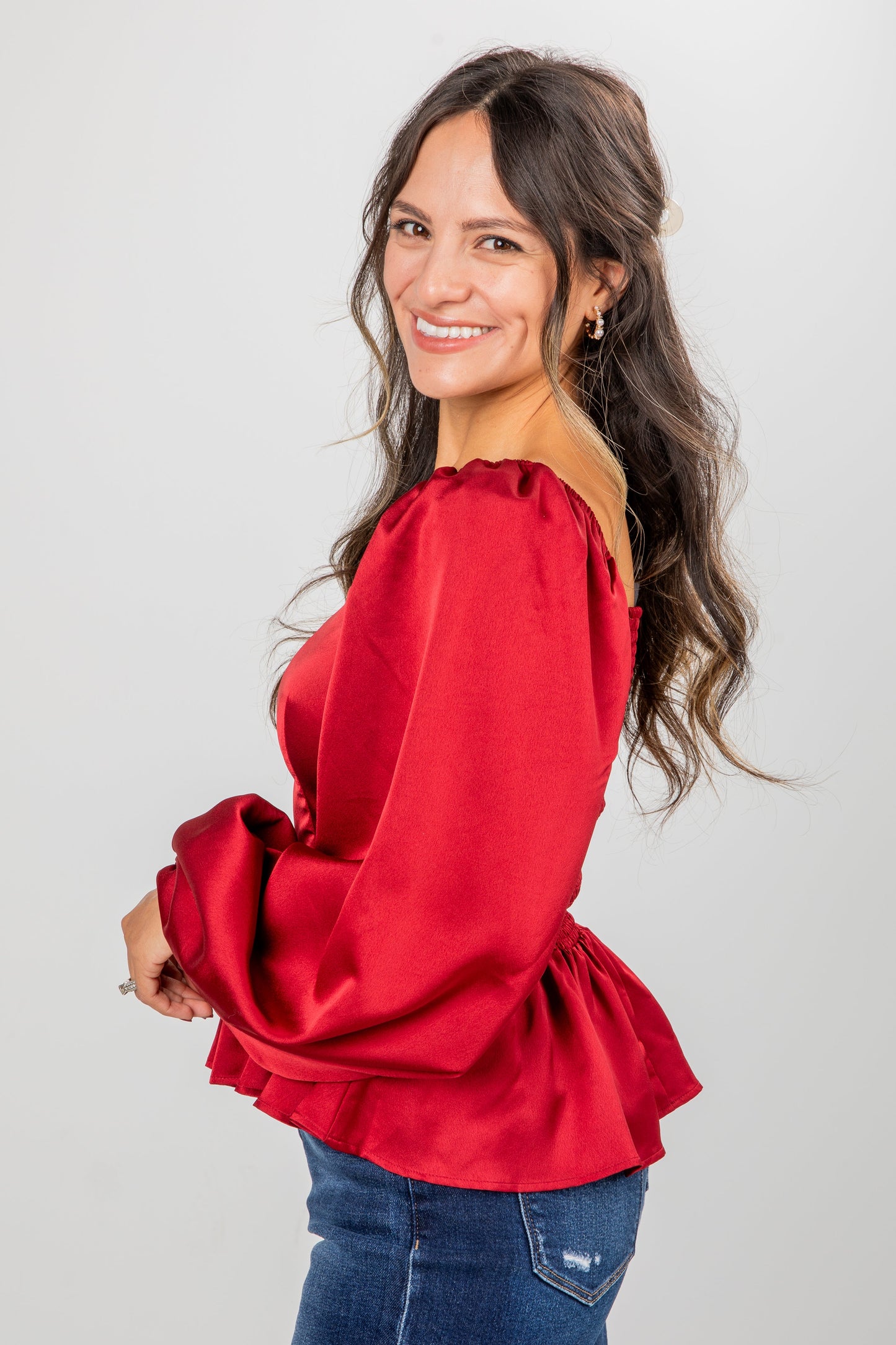 Graceful Presence Burgundy Satin Peplum Blouse