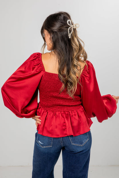 Graceful Presence Burgundy Satin Peplum Blouse