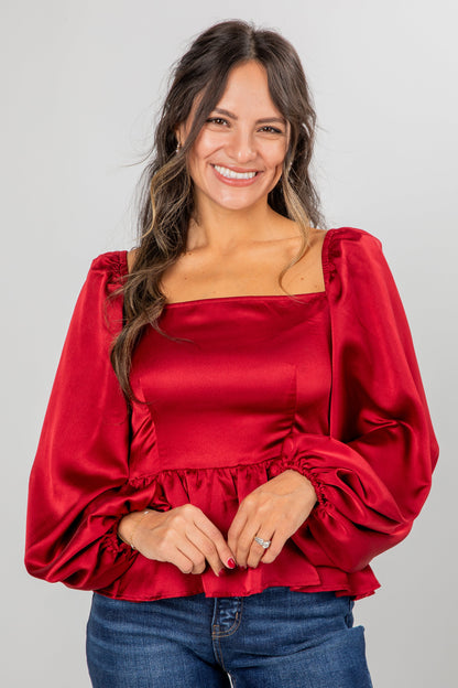 Graceful Presence Burgundy Satin Peplum Blouse