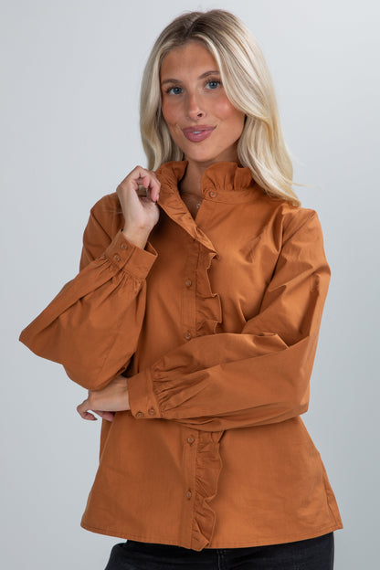 Marvelous Darling Camel Ruffle Blouse
