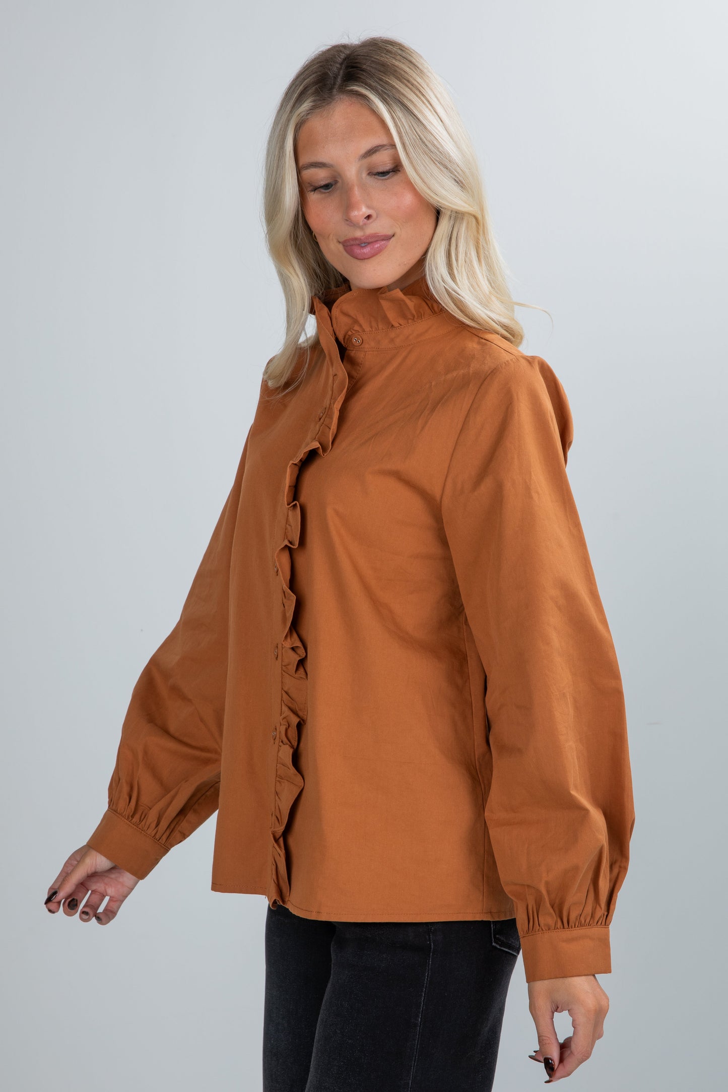 Marvelous Darling Camel Ruffle Blouse