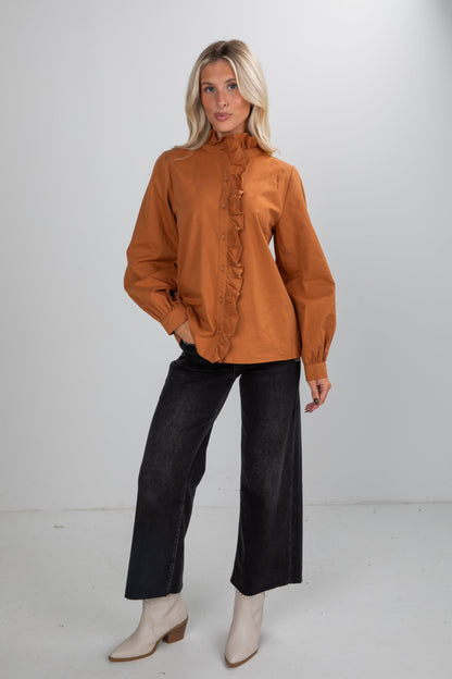 Marvelous Darling Camel Ruffle Blouse
