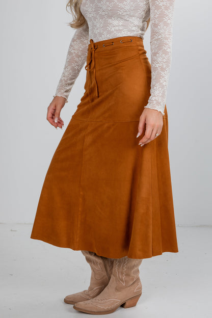 Sophisticated Season Camel Suede Maxi Skirt