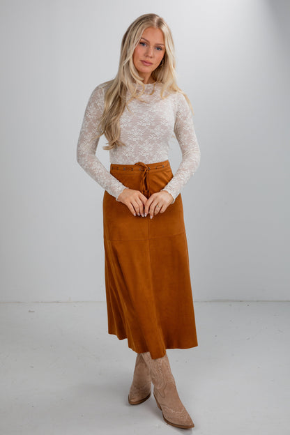 Sophisticated Season Camel Suede Maxi Skirt