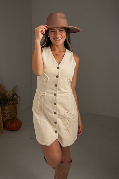 Gorgeous Endeavor Cream Corduroy Bow Mini Dress