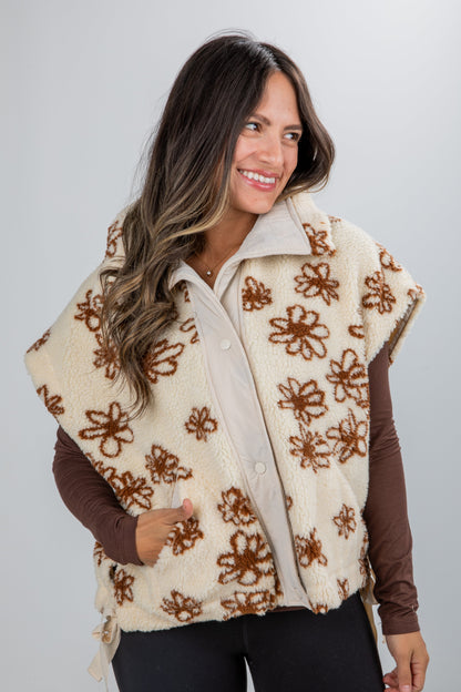 Found The Warmth Cream Floral Sherpa Vest