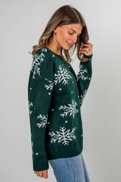 Let It Snow Hunter Green Snowflake Sweater