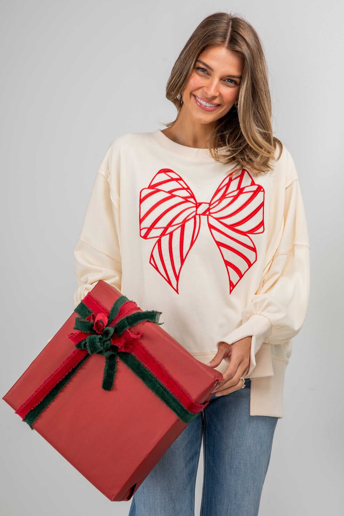 Ivory Peppermint Bow Pullover