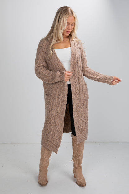 Frosty Day Mocha Cable Knit Longline Cardigan
