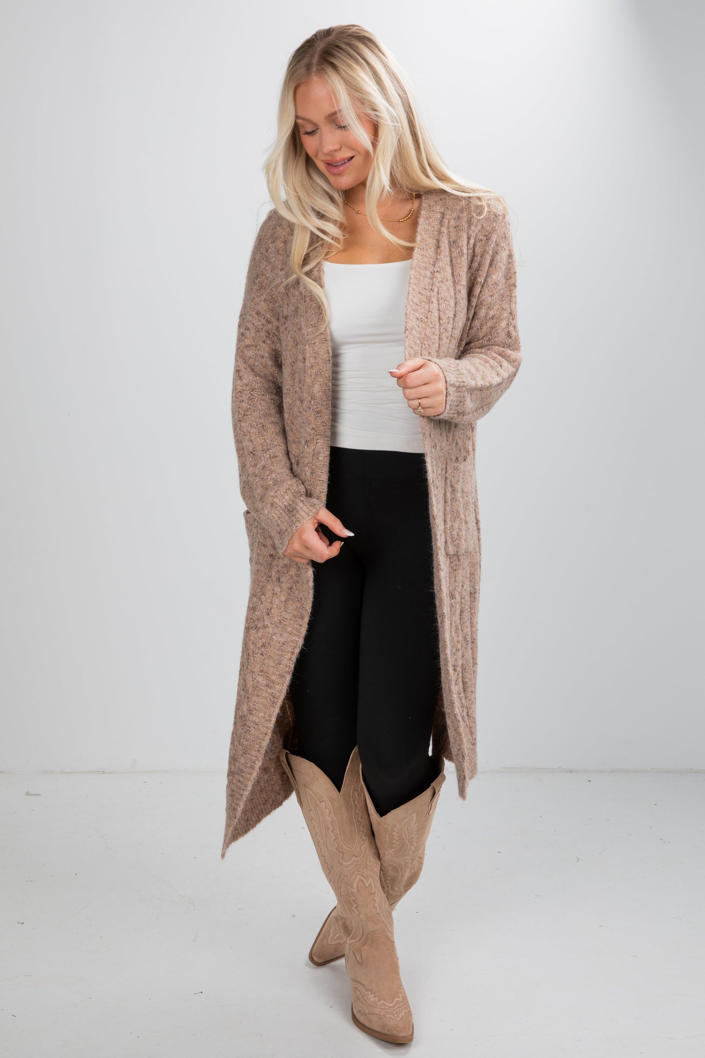 Frosty Day Mocha Cable Knit Longline Cardigan