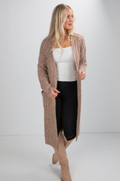 Frosty Day Mocha Cable Knit Longline Cardigan