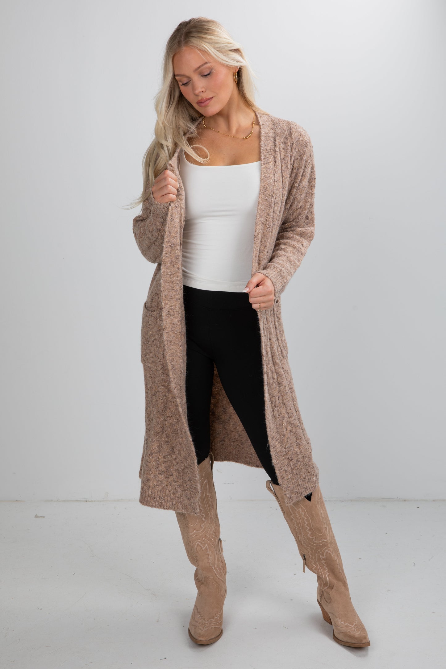 Frosty Day Mocha Cable Knit Longline Cardigan