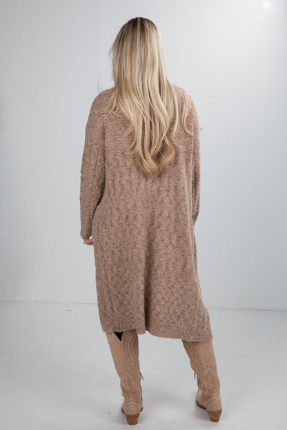 Frosty Day Mocha Cable Knit Longline Cardigan