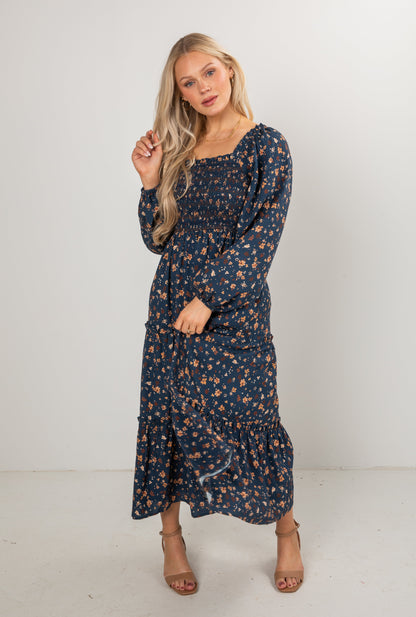 All For The Joy Navy Floral Tiered Maxi Dress