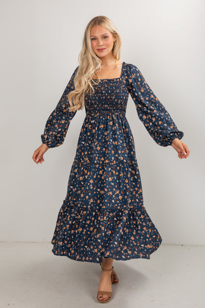 All For The Joy Navy Floral Tiered Maxi Dress