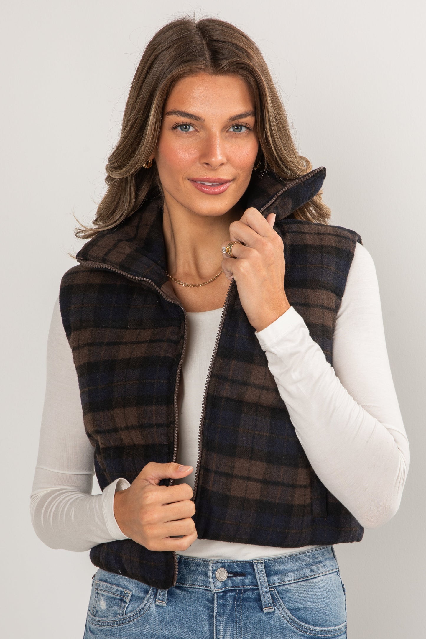 On Your Side Navy Plaid Puffer Vest - DOORBUSTER