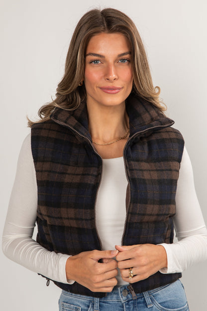 On Your Side Navy Plaid Puffer Vest - DOORBUSTER