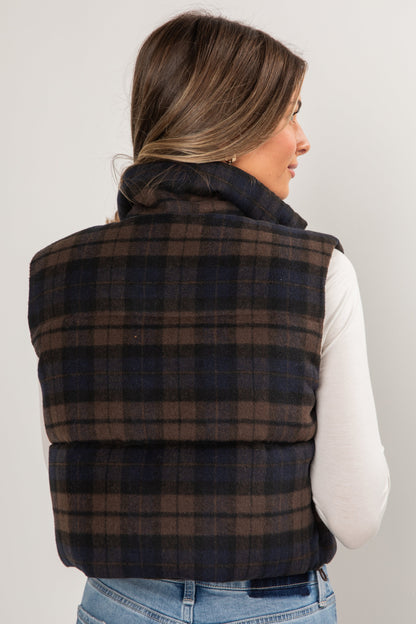 On Your Side Navy Plaid Puffer Vest - DOORBUSTER