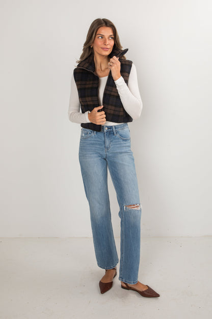 On Your Side Navy Plaid Puffer Vest - DOORBUSTER