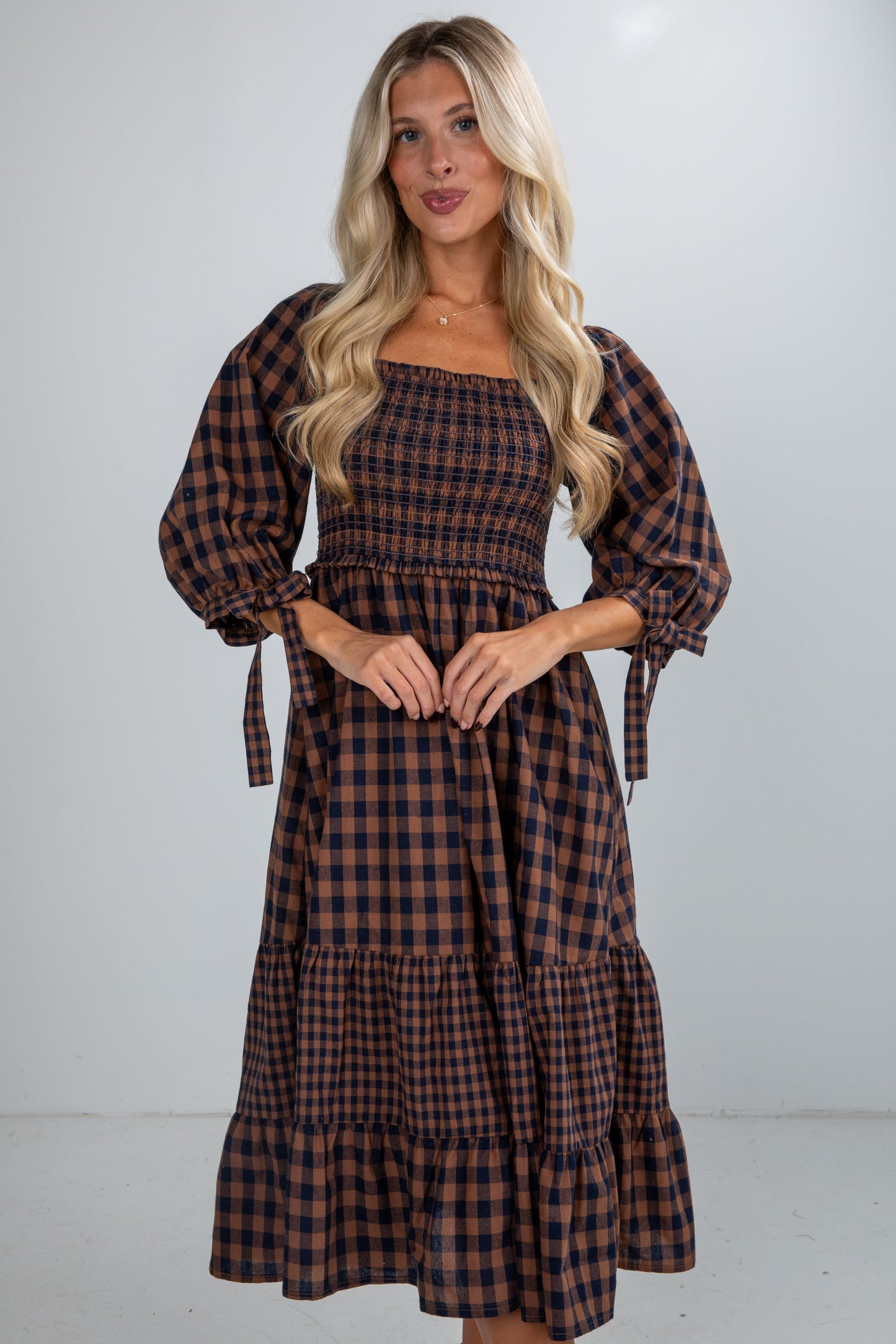 Show Me The Way Navy Gingham Smocked Midi Dress