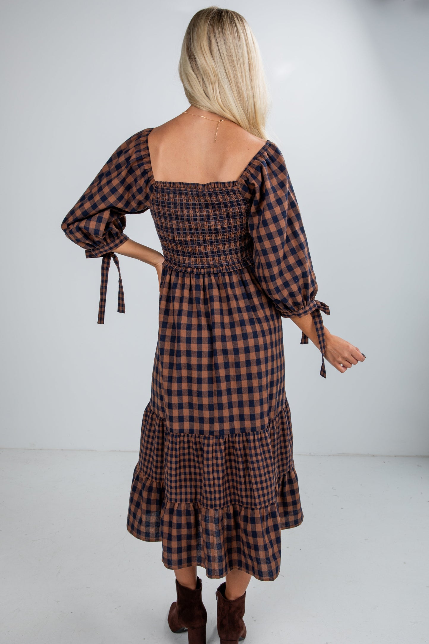 Show Me The Way Navy Gingham Smocked Midi Dress