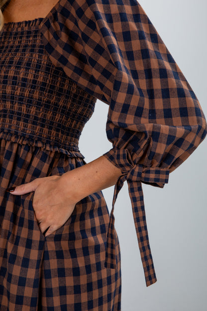 Show Me The Way Navy Gingham Smocked Midi Dress