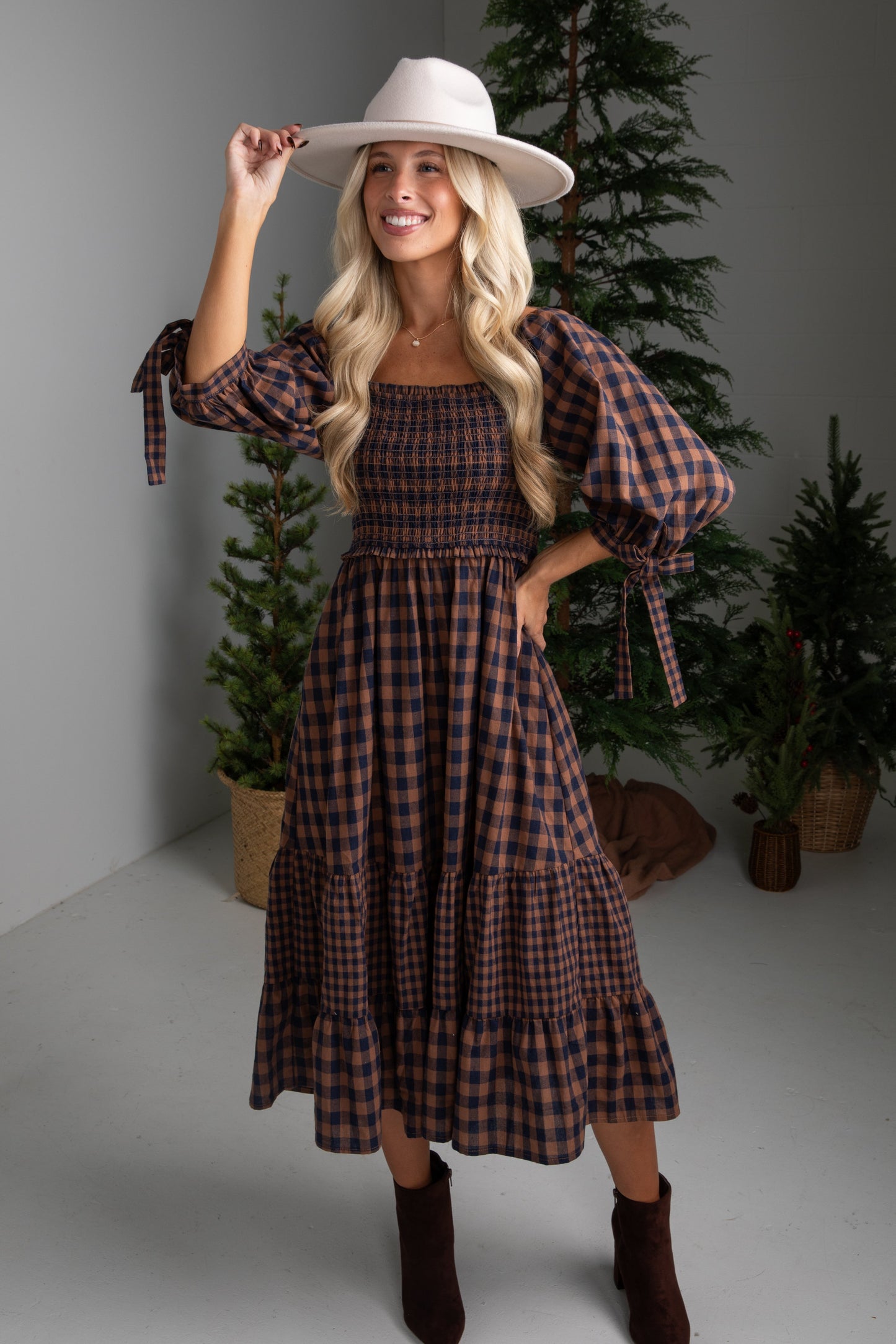 Show Me The Way Navy Gingham Smocked Midi Dress