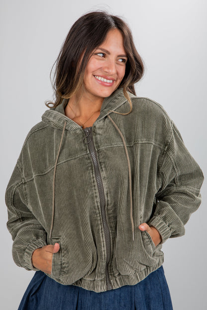 Ready For Anything Olive Corduroy Hooded Jacket - DU DEAL