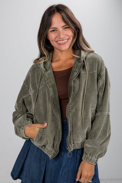 Ready For Anything Olive Corduroy Hooded Jacket - DU DEAL
