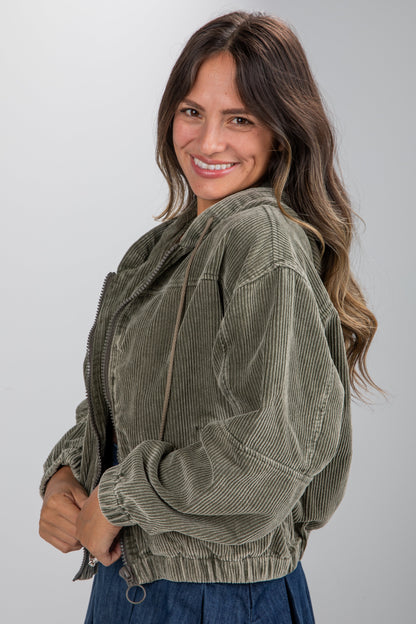 Ready For Anything Olive Corduroy Hooded Jacket - DU DEAL