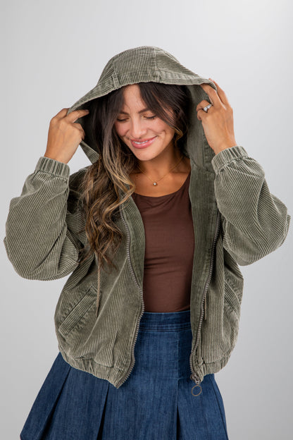 Ready For Anything Olive Corduroy Hooded Jacket - DU DEAL