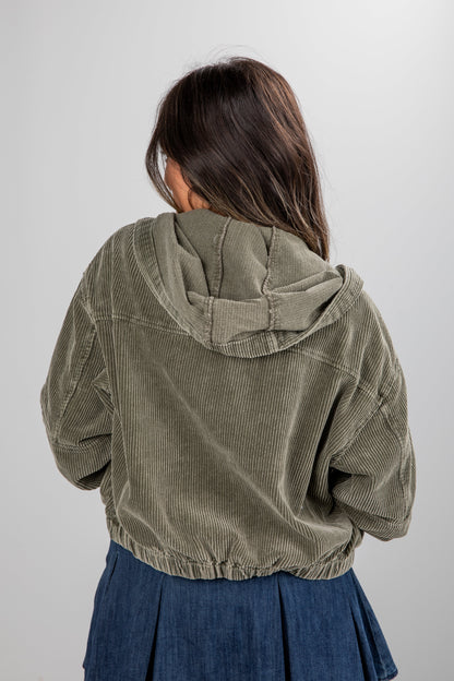 Ready For Anything Olive Corduroy Hooded Jacket - DU DEAL