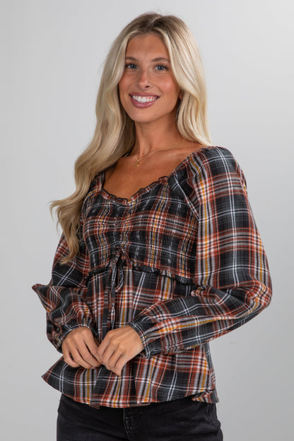 So Authentic Olive Plaid Smocked Blouse