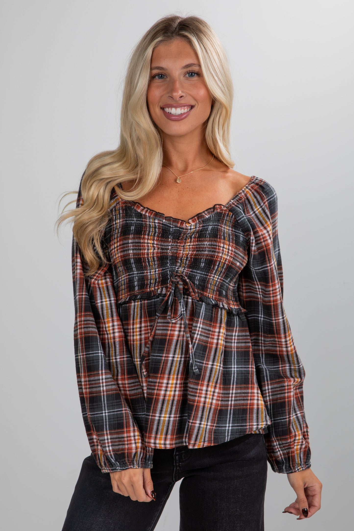 So Authentic Olive Plaid Smocked Blouse