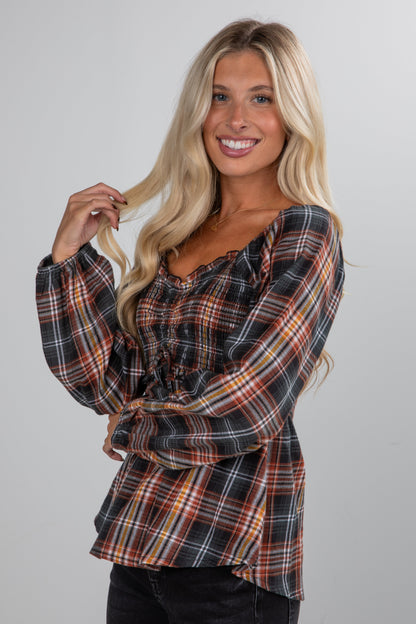 So Authentic Olive Plaid Smocked Blouse