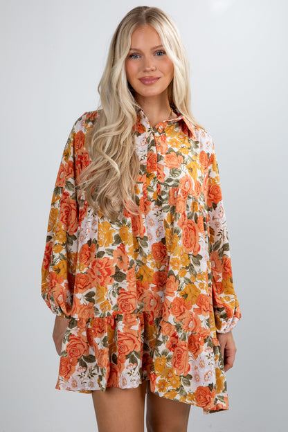 Out Of The Garden Orange Floral Mini Dress