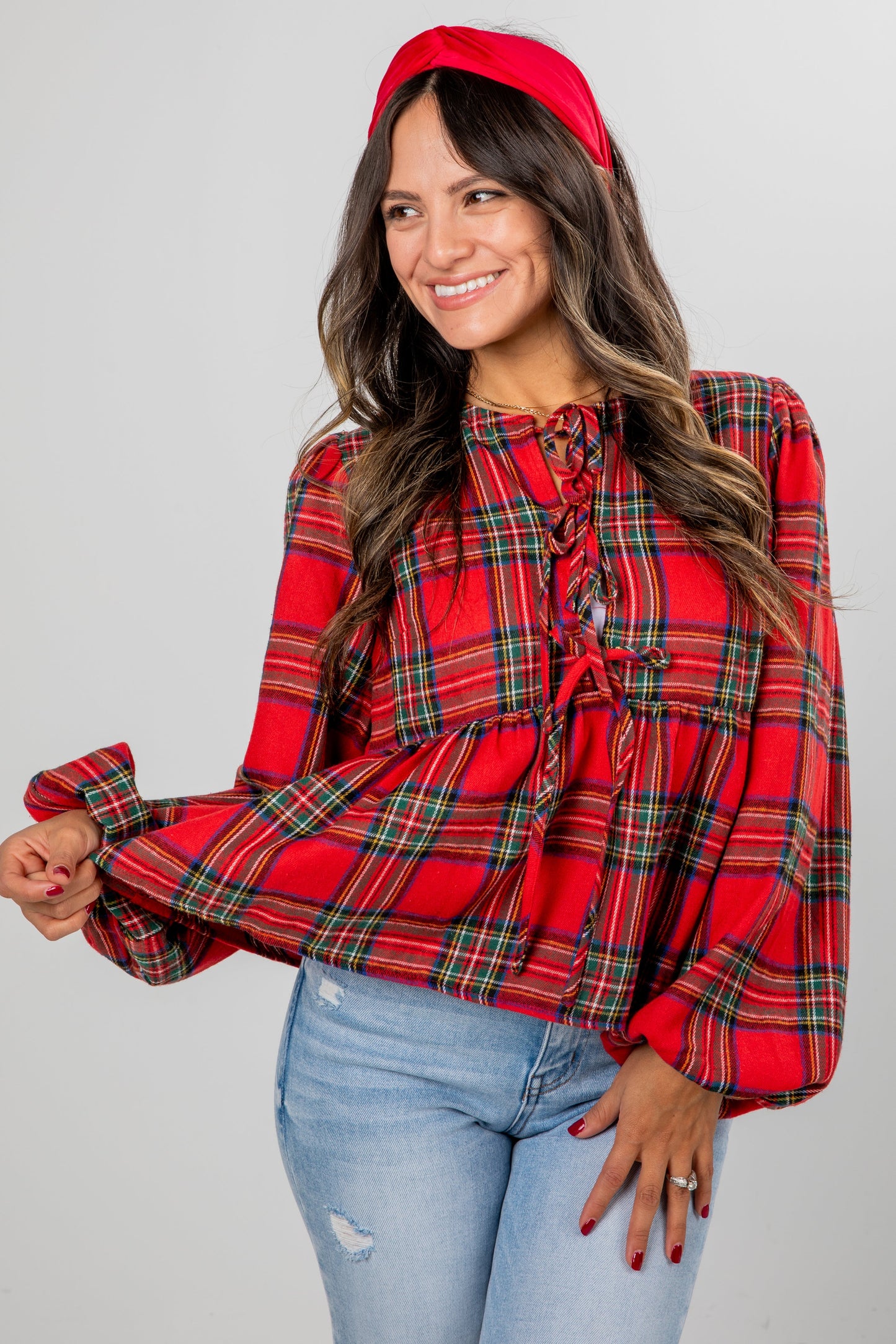 Holiday Classic Red Plaid Tie Blouse