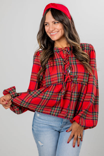 Holiday Classic Red Plaid Tie Blouse