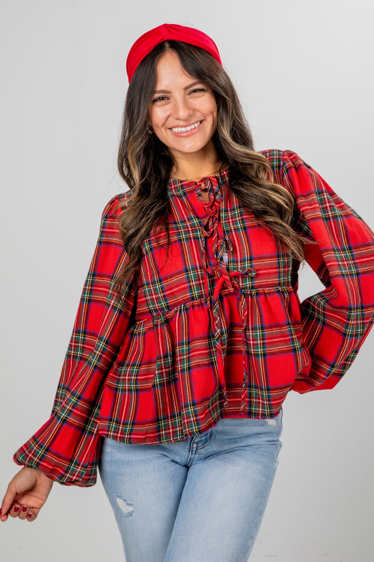 Holiday Classic Red Plaid Tie Blouse