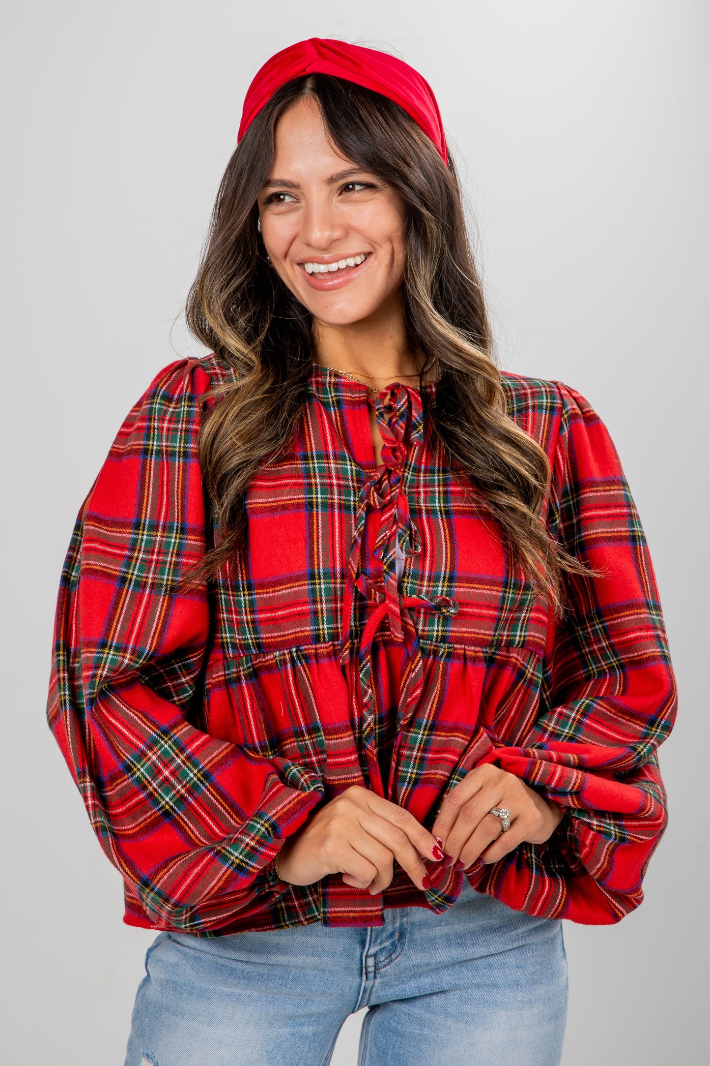 Holiday Classic Red Plaid Tie Blouse