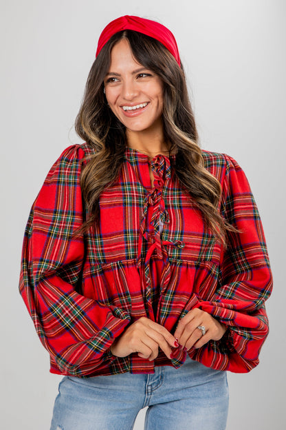 Holiday Classic Red Plaid Tie Blouse
