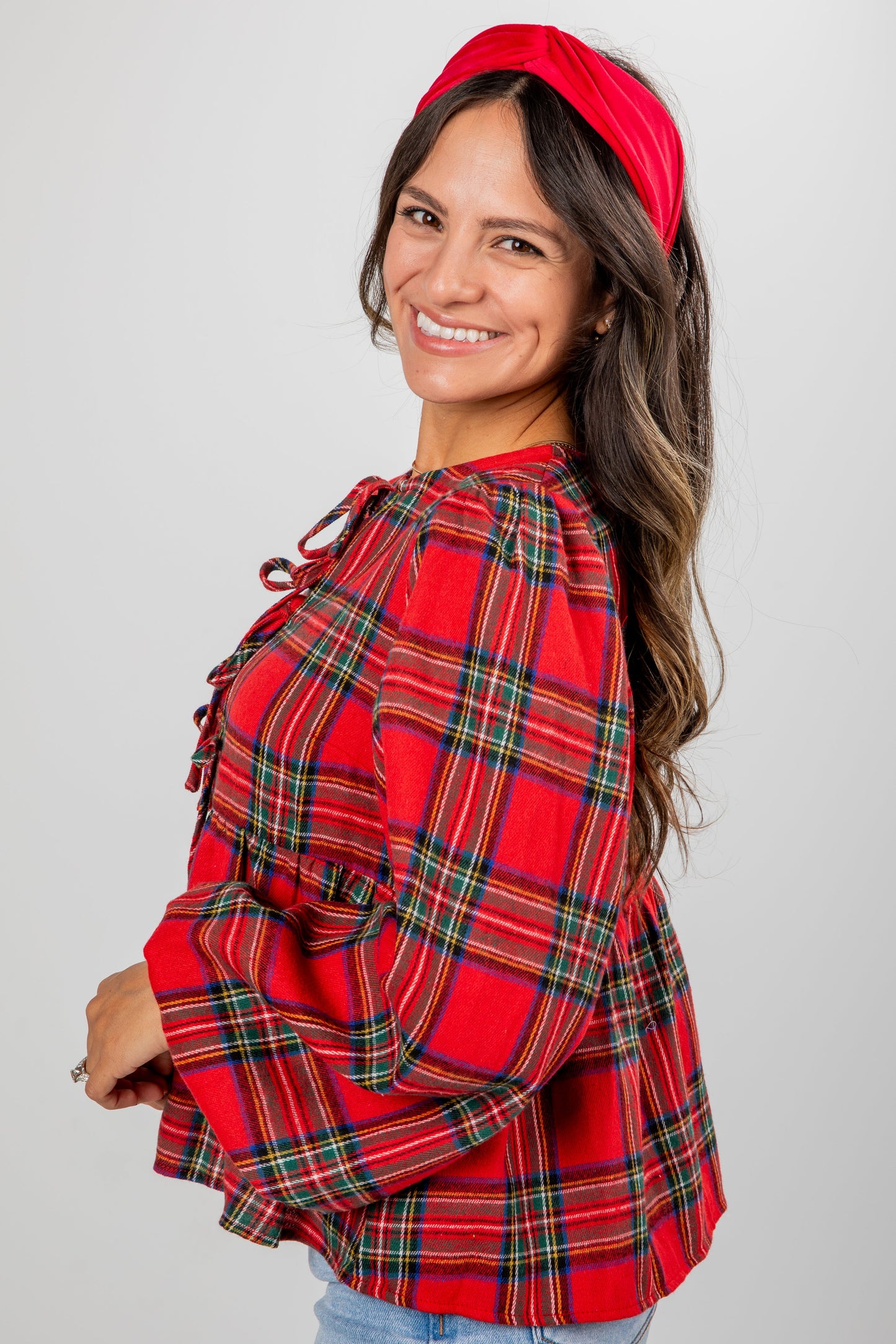 Holiday Classic Red Plaid Tie Blouse