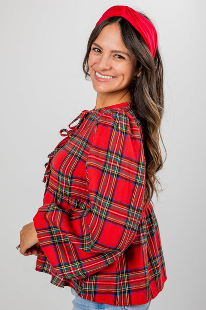 Holiday Classic Red Plaid Tie Blouse