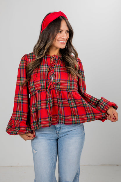 Holiday Classic Red Plaid Tie Blouse