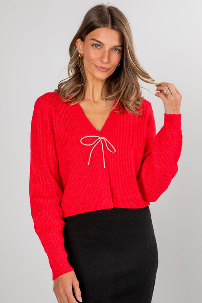 Add Some Sparkle Rhinestone Bow Sweater Cardigan - DOORBUSTER