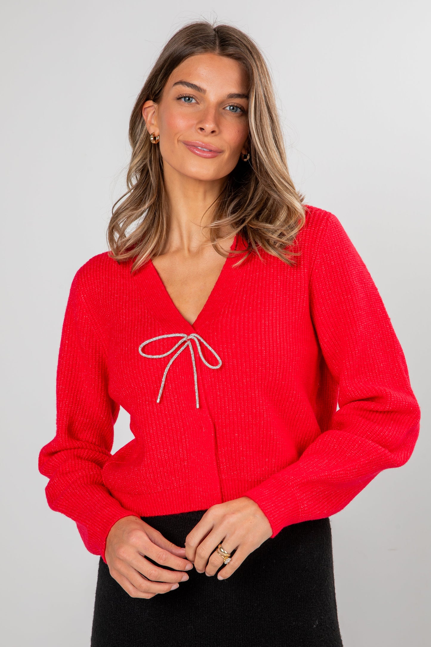 Add Some Sparkle Rhinestone Bow Sweater Cardigan - DOORBUSTER