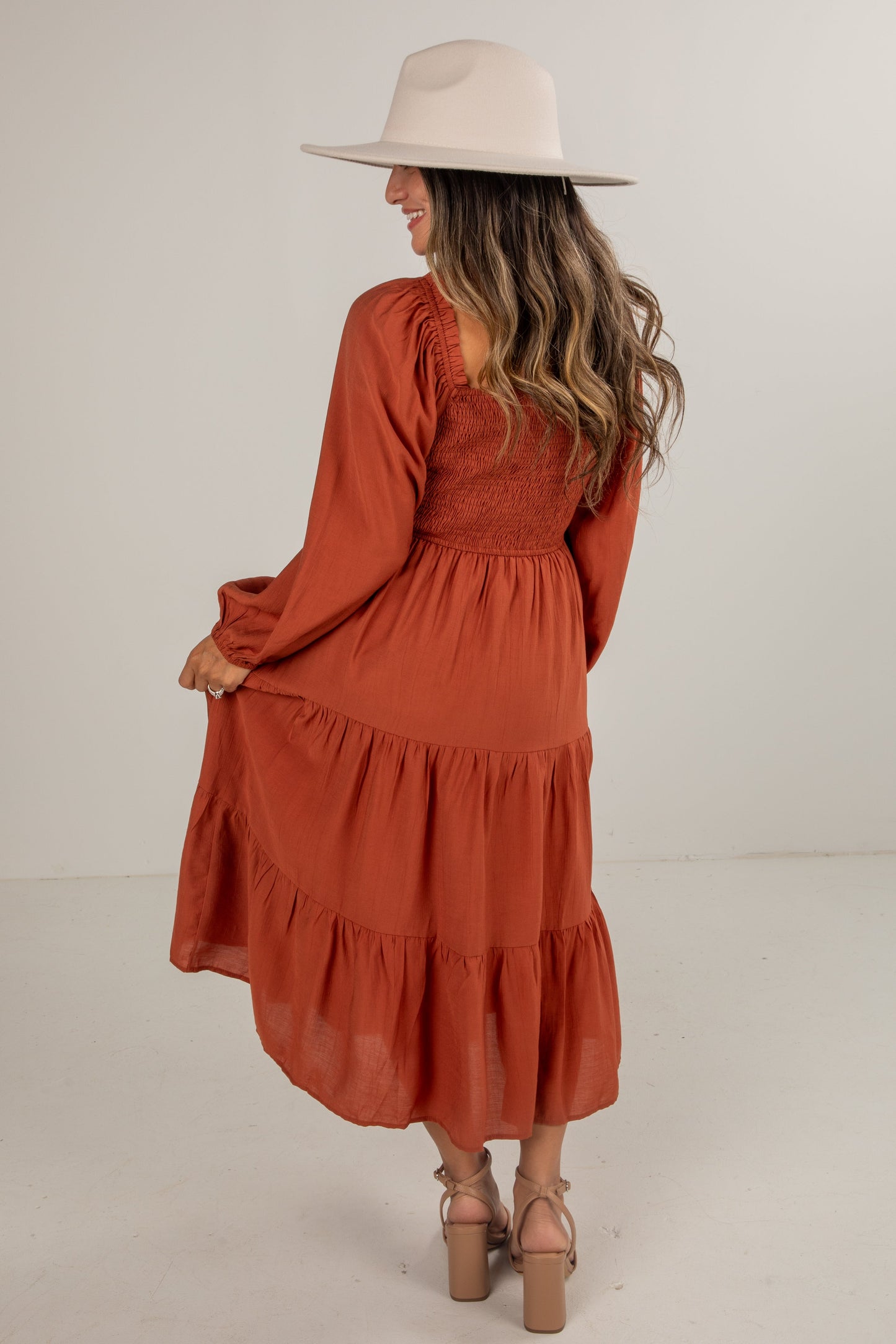 See Your Heart Rust Smocked Midi Dress